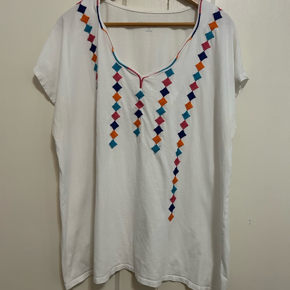 Soft Surroundings White Blue Embellished Short Sleeve Blouse - Picture 2 of 6